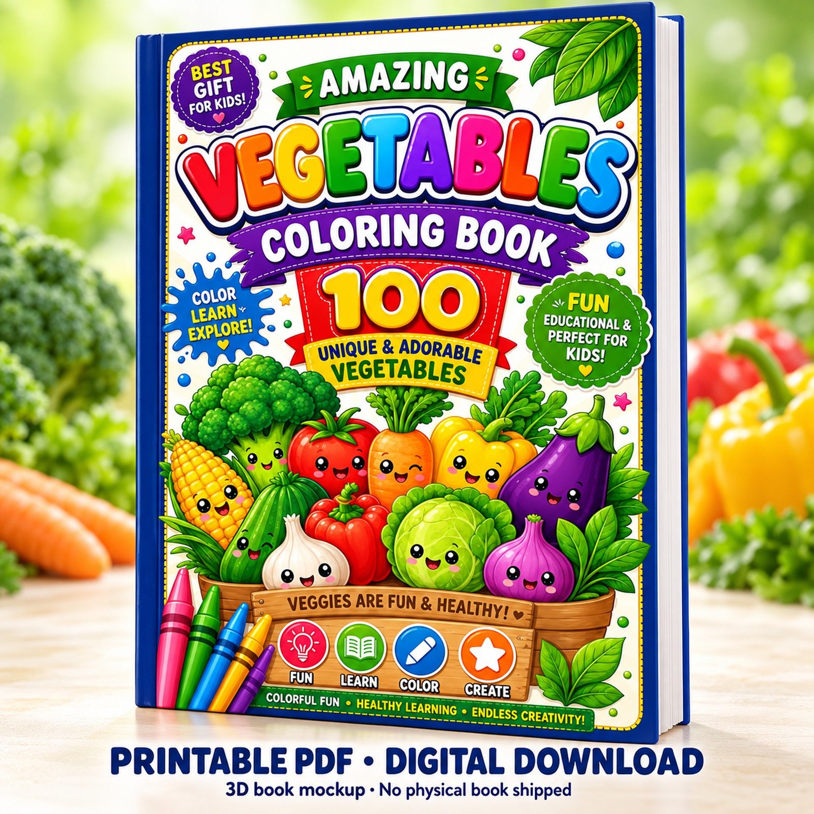 Vegetable coloring book for kids: printable PDF cover with cartoon broccoli, carrot and eggplant in a 3D mockup