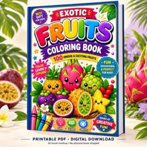 Upright 3D mockup of Exotic Fruits Coloring Book for kids with colorful fruit characters and printable PDF label.
