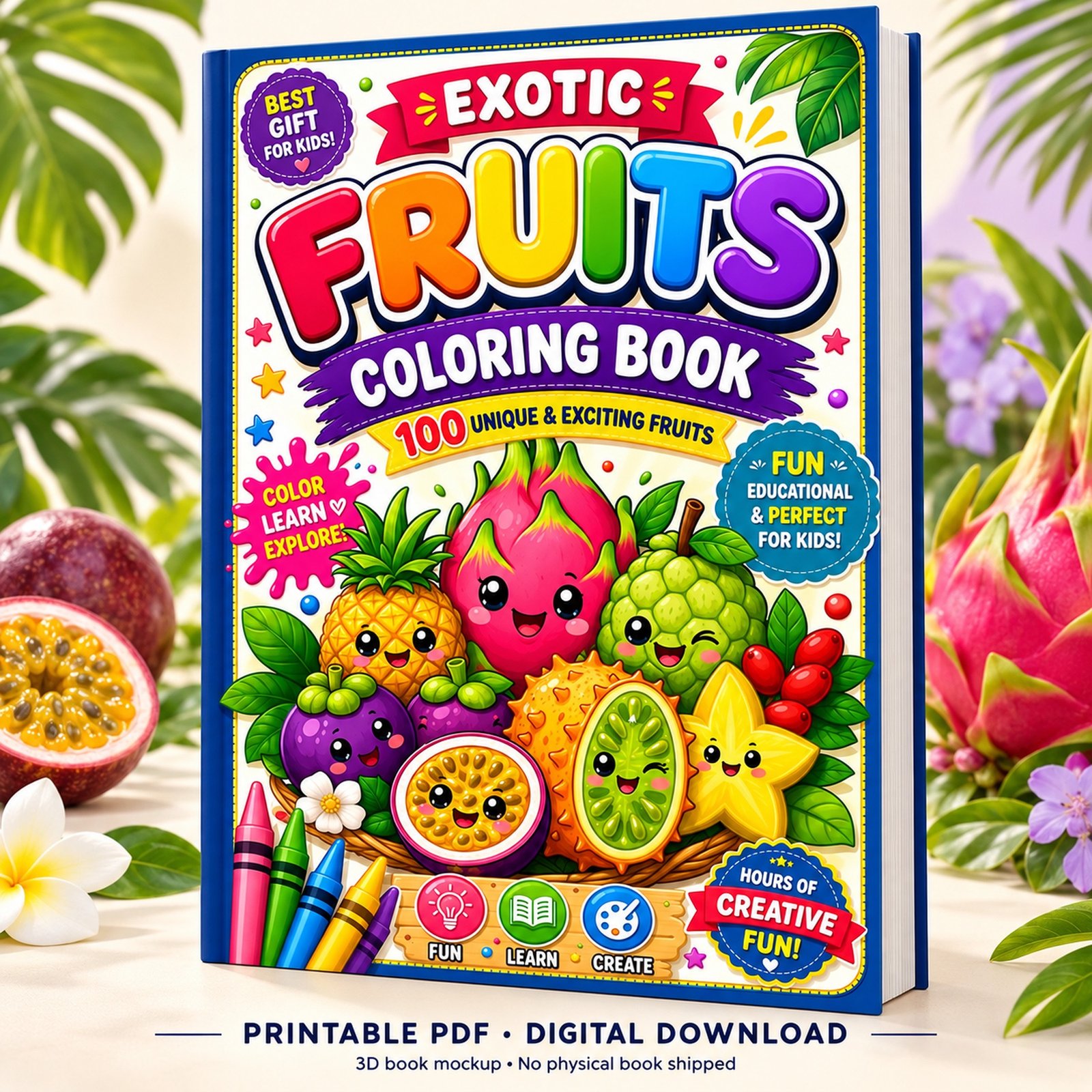 Upright 3D mockup of Exotic Fruits Coloring Book for kids with colorful fruit characters and printable PDF label.