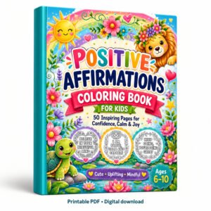 3D mockup of the Positive Affirmations Coloring Book for kids ages 6-10, with a teal spine on a white background.