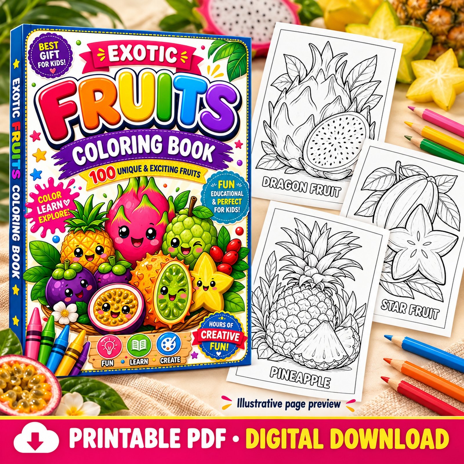 Exotic Fruits Coloring Book mockup beside illustrative dragon fruit, star fruit and pineapple coloring page previews.
