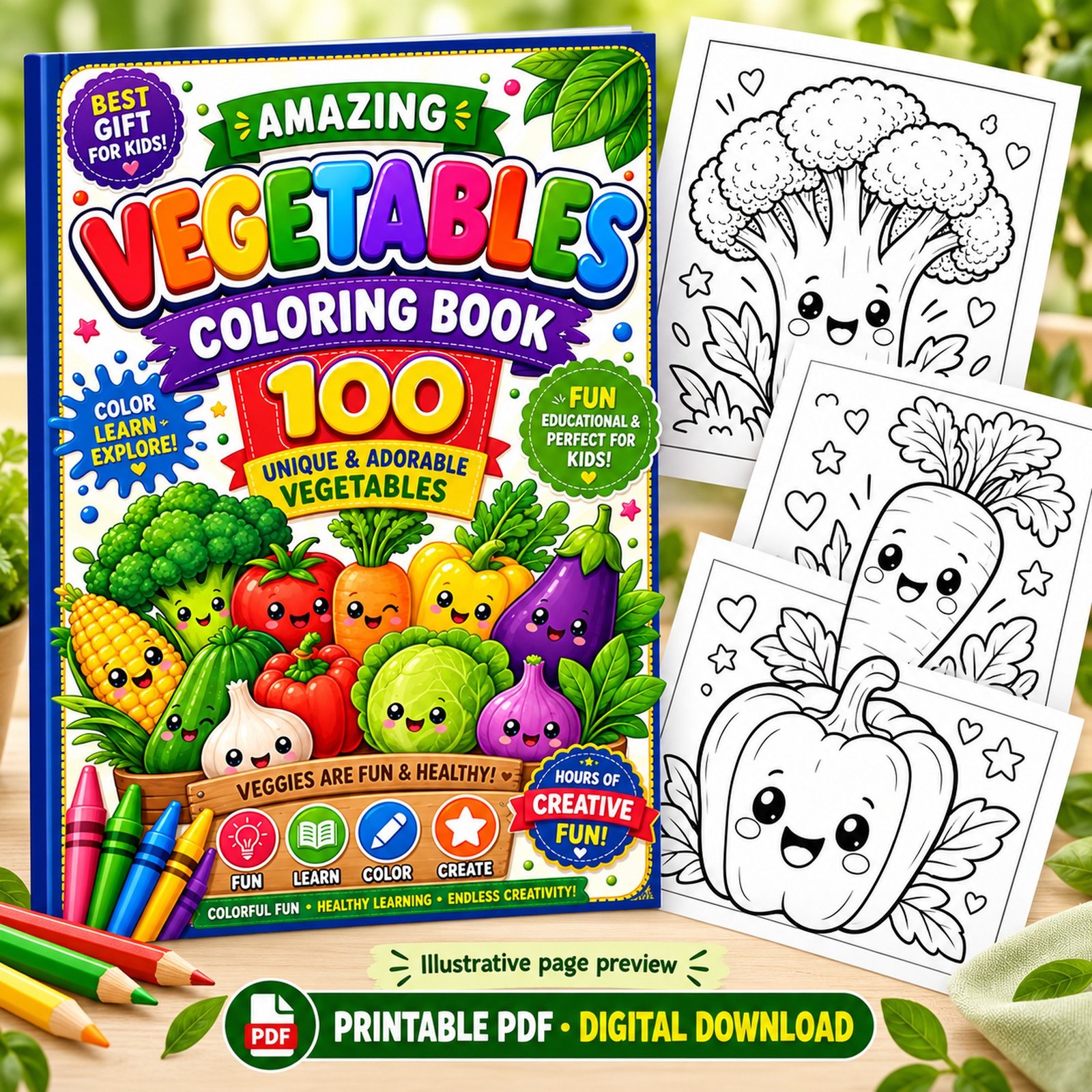 Printable vegetable coloring book cover beside three illustrative sample pages of a broccoli, carrot and pepper