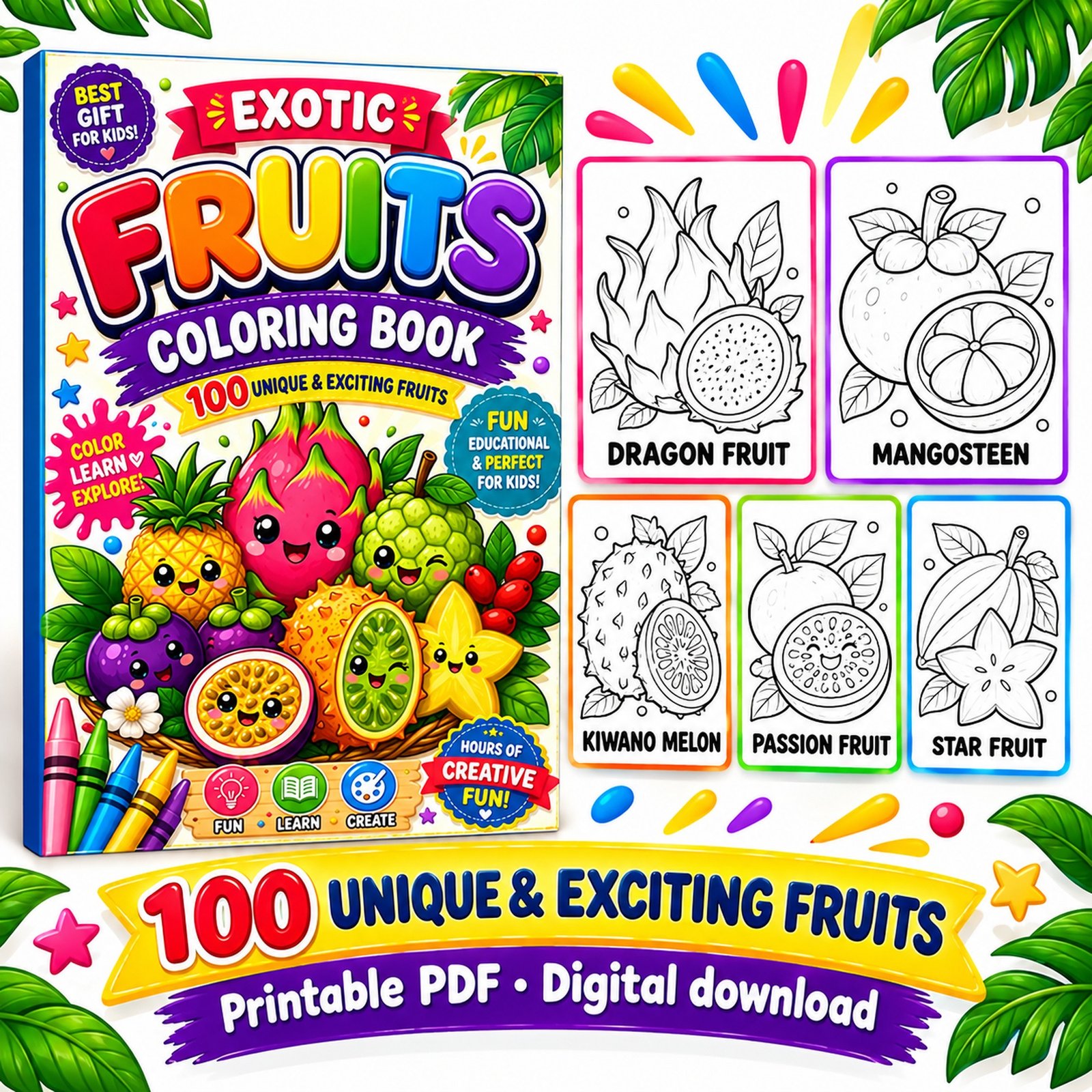Exotic Fruits Coloring Book with illustrative coloring page previews of dragon fruit, mangosteen, kiwano melon, passion fruit and star fruit.