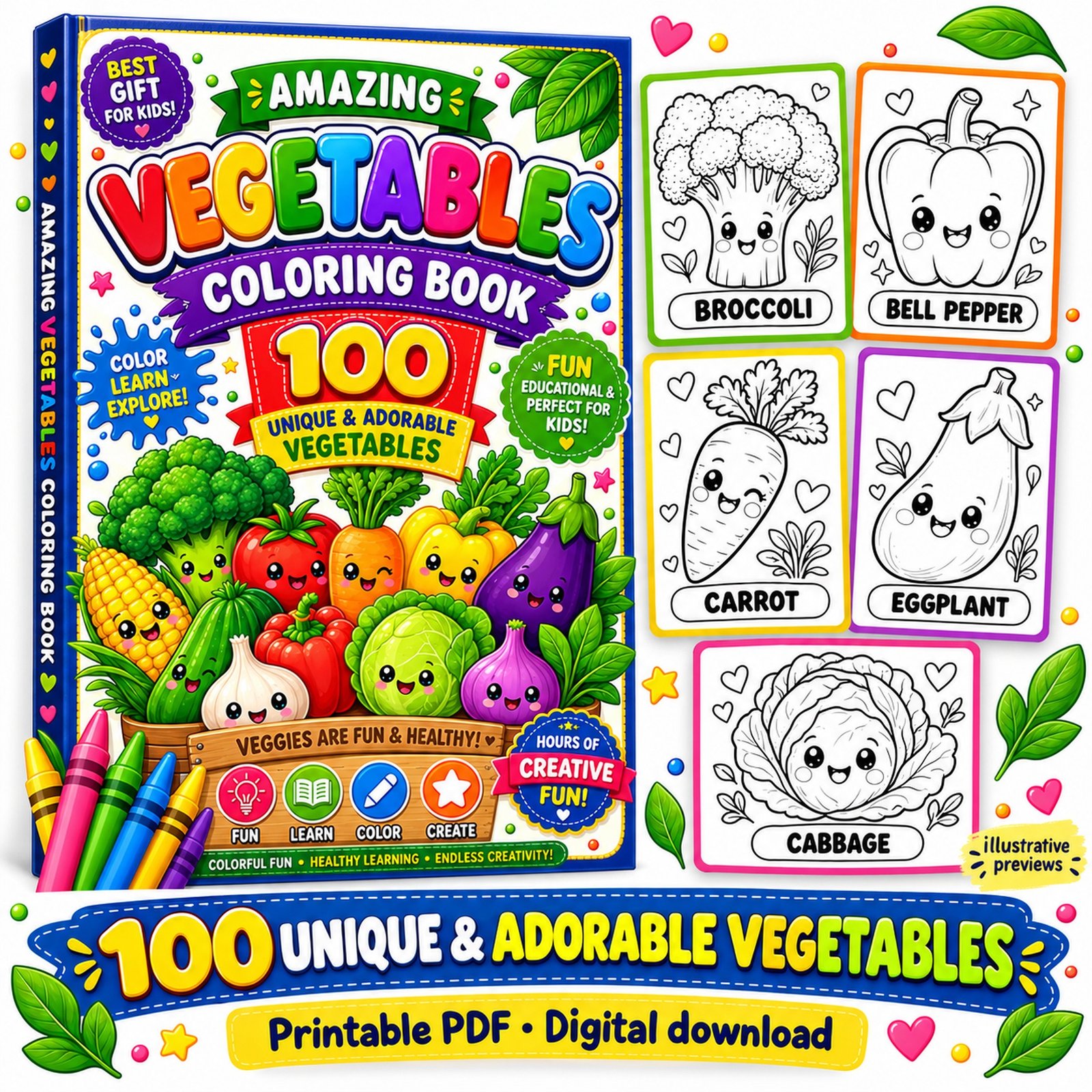 Vegetable coloring book with 100 vegetables: cover and preview cards for broccoli, pepper, carrot, eggplant and cabbage