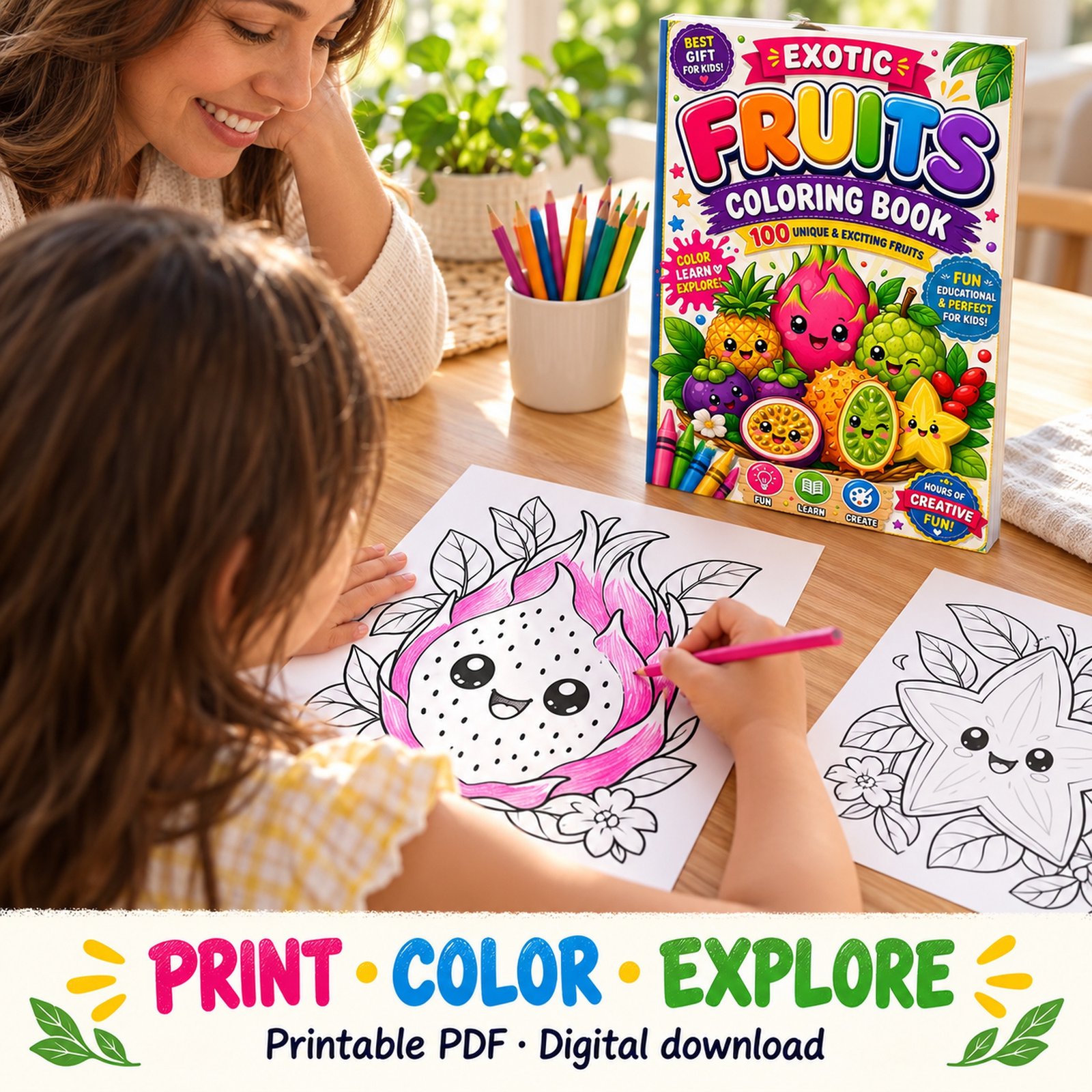 Child coloring a dragon fruit page at home while an adult watches, with the Exotic Fruits Coloring Book cover displayed nearby.