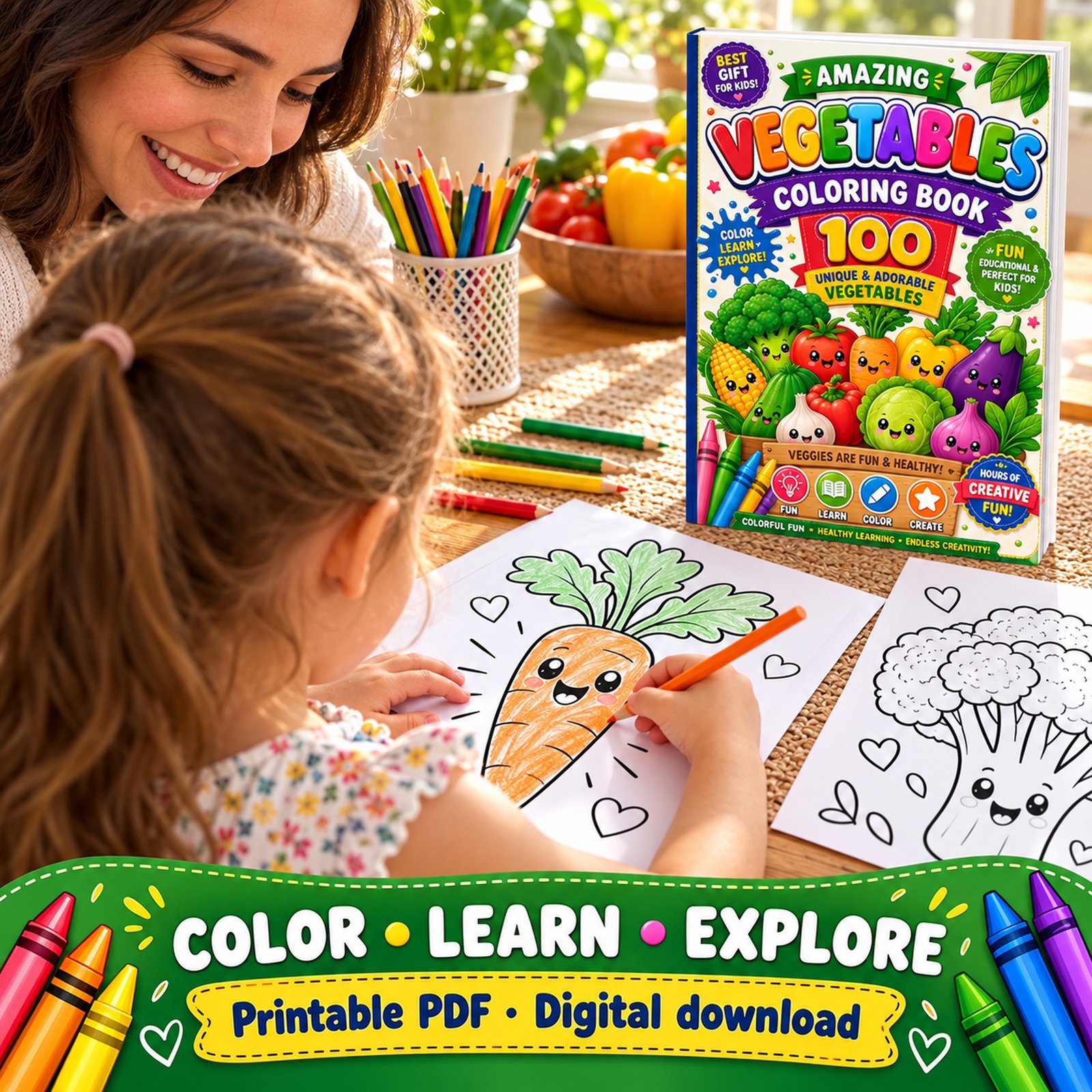 Girl coloring a carrot page from a printable vegetable coloring book while her mom smiles beside her