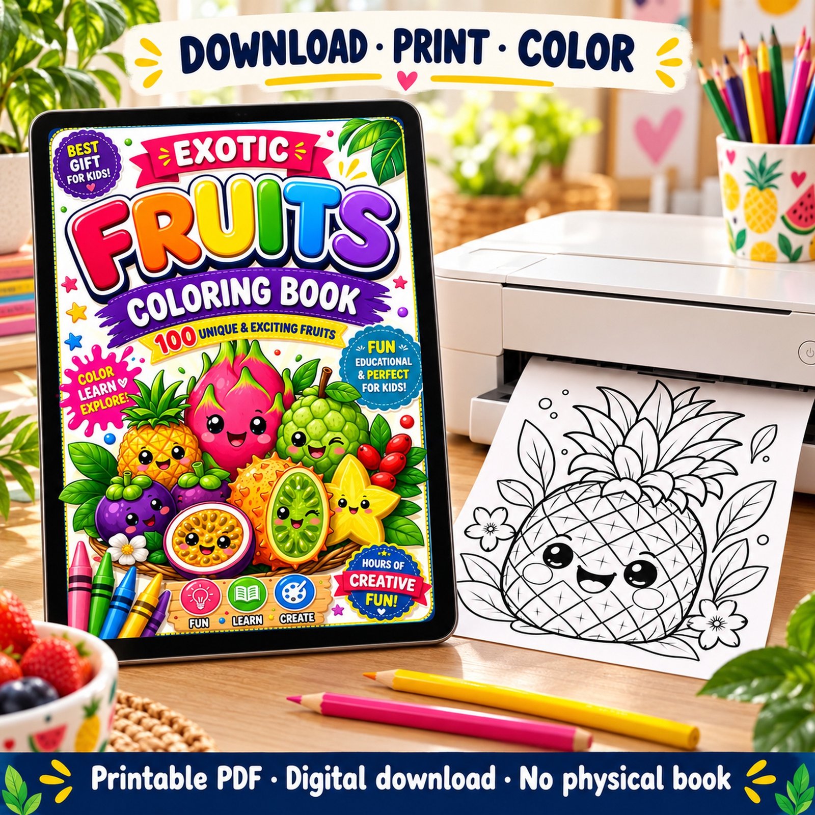 Exotic Fruits Coloring Book shown on a tablet beside a printer producing an illustrative pineapple coloring page.