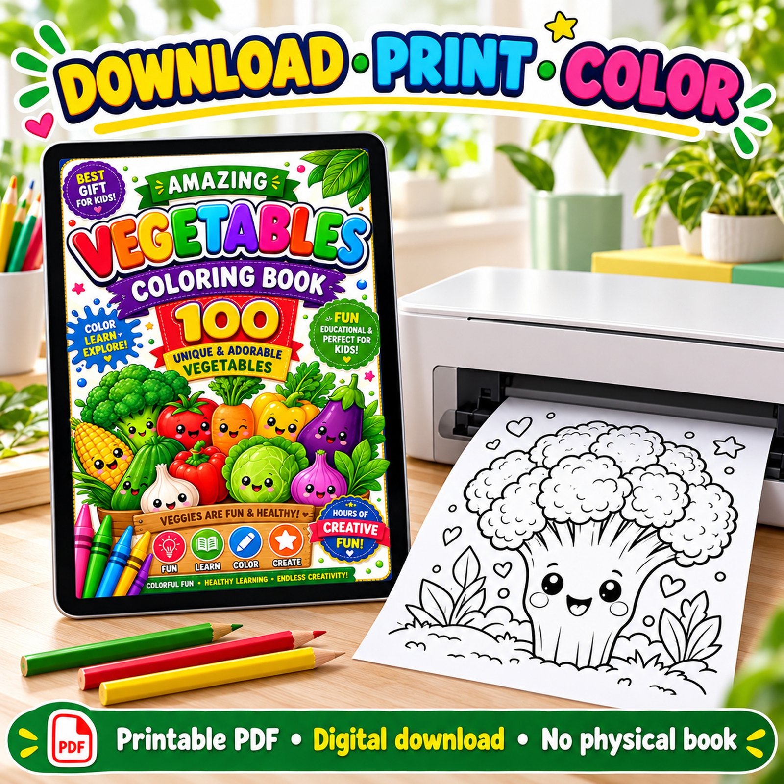 Vegetable coloring book PDF on a tablet next to a printer printing a broccoli coloring page