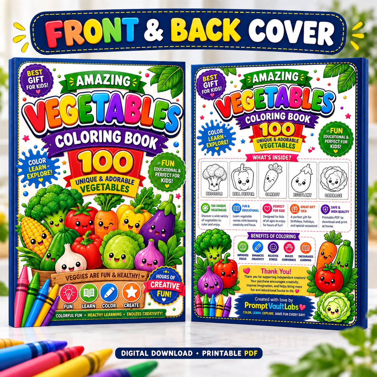 Front and back cover of the printable vegetable coloring book by PromptVault Labs