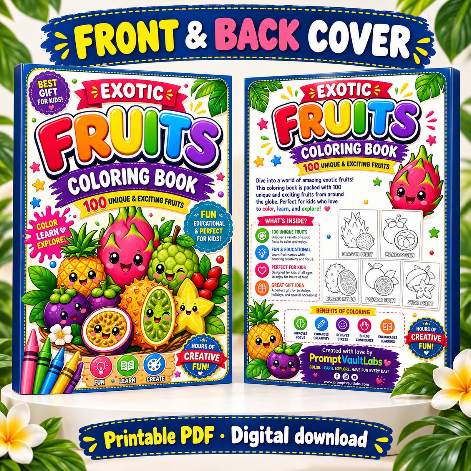Front and back cover mockups of the Exotic Fruits Coloring Book for kids, displayed as a printable PDF digital download.