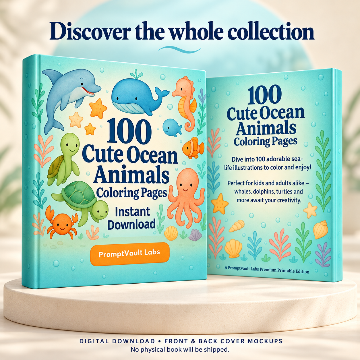 100 cute ocean animals coloring pages front and back cover mockup with sea turtles, octopus, whale and seahorse