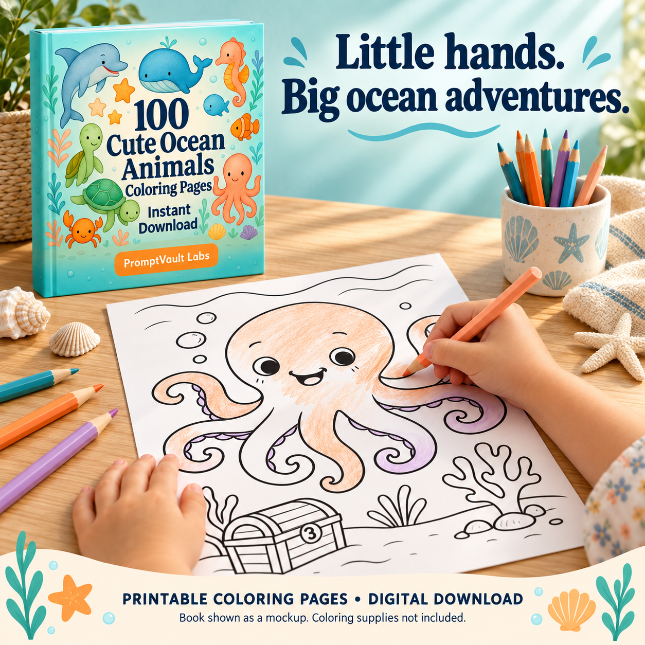 100 cute ocean animals coloring pages being colored by a child, with an octopus page and colored pencils on a table