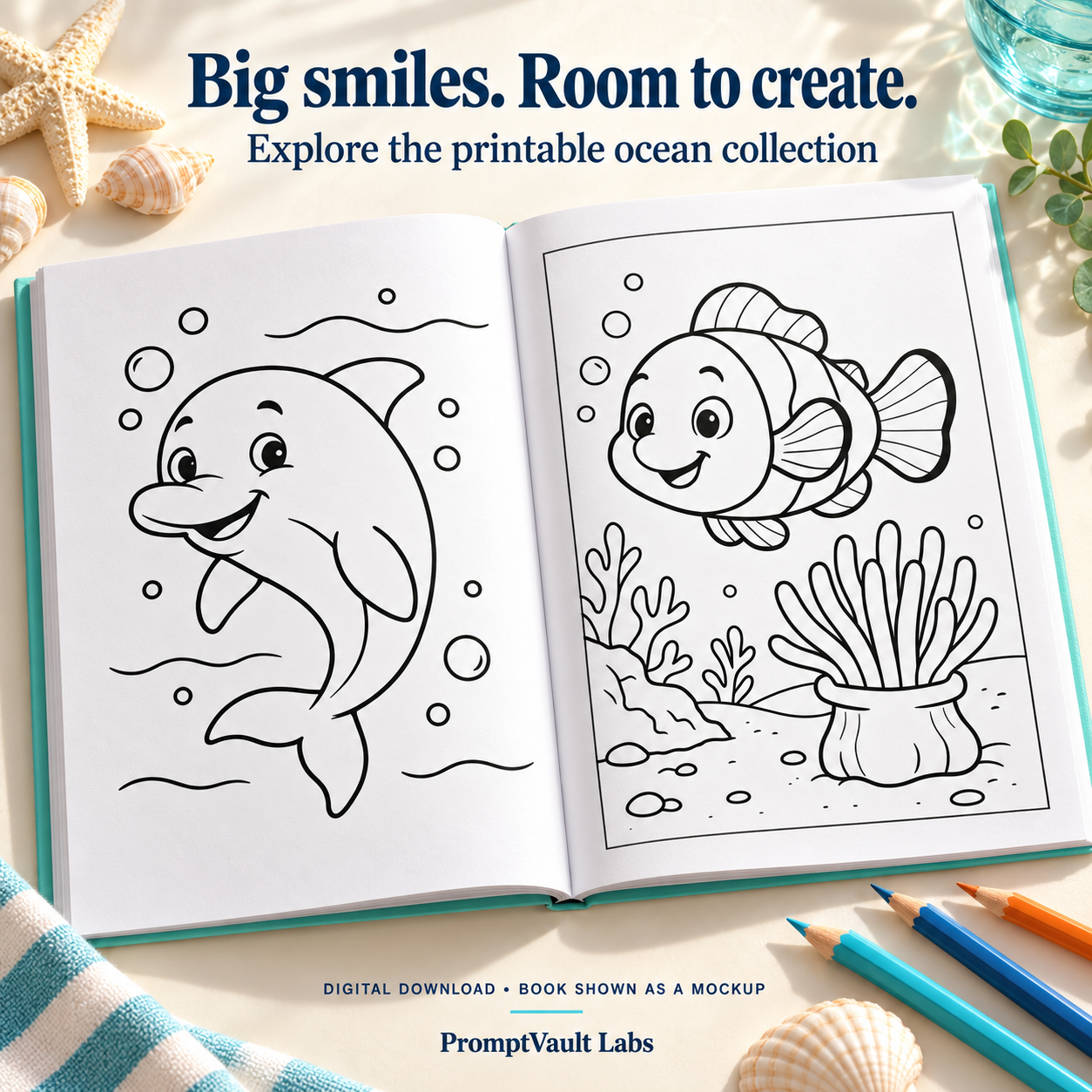 100 cute ocean animals coloring pages shown as an open book with a smiling dolphin and clownfish line drawings