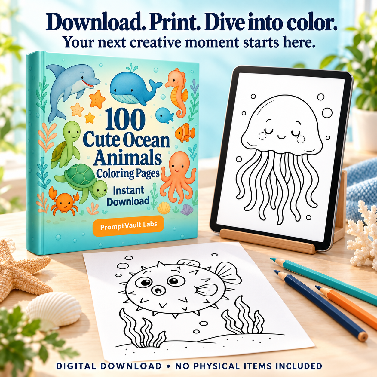 100 cute ocean animals coloring pages shown on a tablet with a jellyfish design and a printed pufferfish page