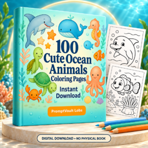 100 cute ocean animals coloring pages printable book cover with dolphin, whale, turtle and octopus, plus sample line-art pages