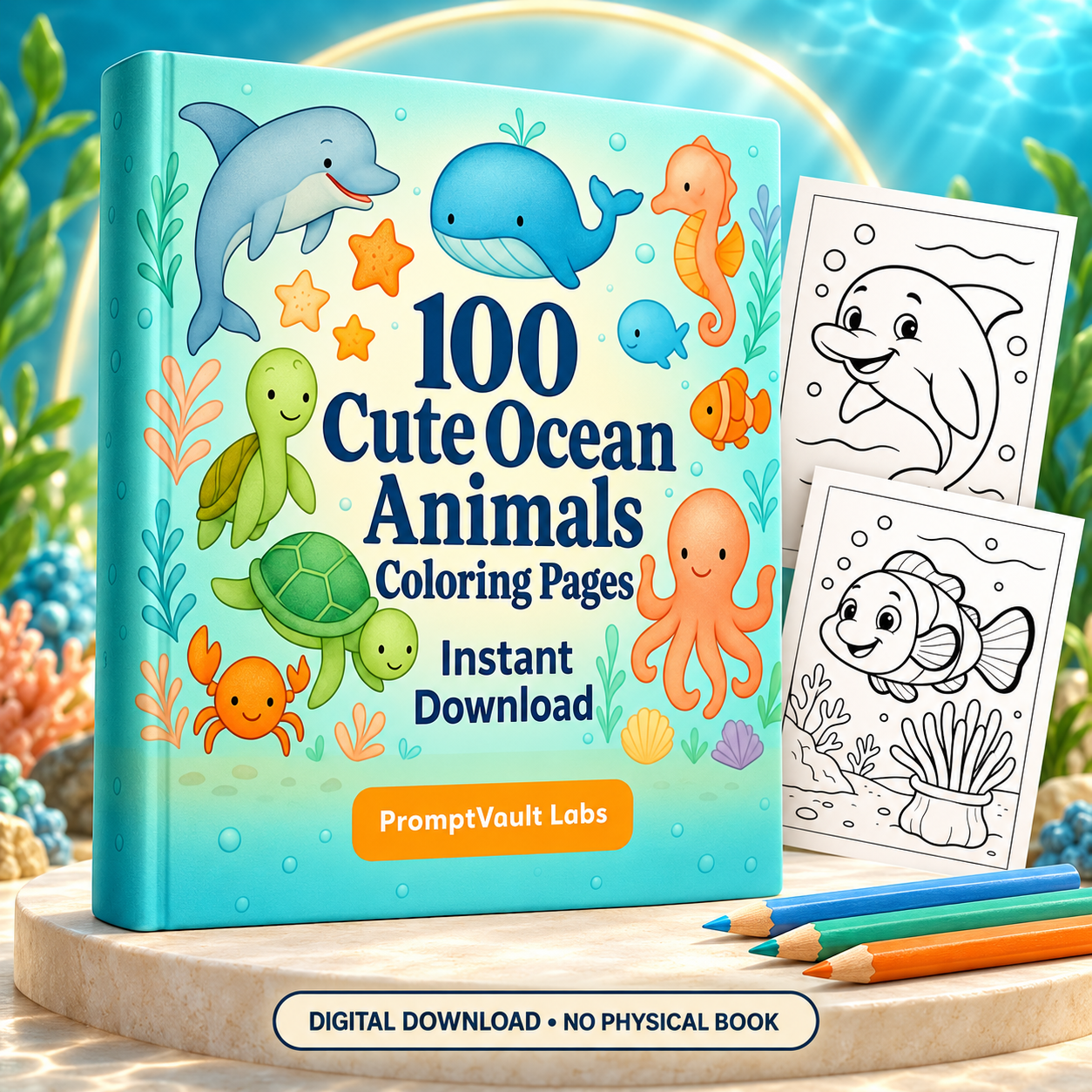 100 cute ocean animals coloring pages printable book cover with dolphin, whale, turtle and octopus, plus sample line-art pages