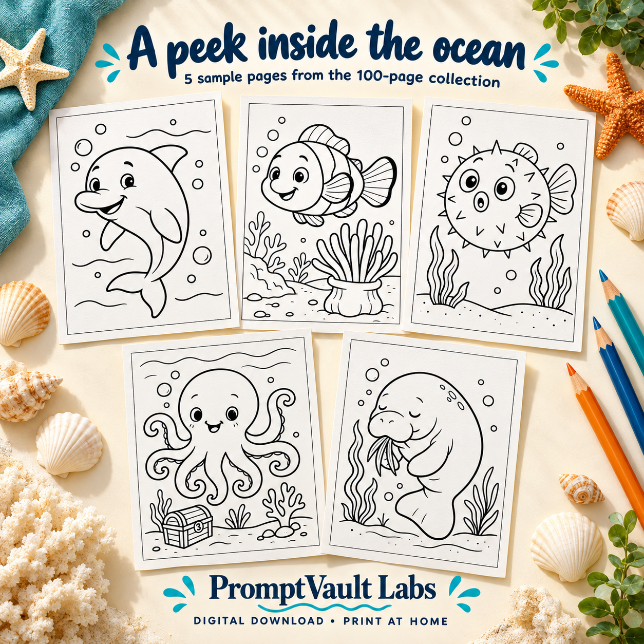 100 cute ocean animals coloring pages sample preview showing a dolphin, clownfish, pufferfish, octopus and manatee