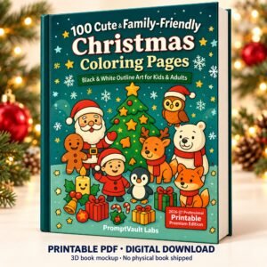 Christmas Coloring pages by PromptVault Labs, 3D cover mockup with Santa, reindeer, gingerbread and forest animals