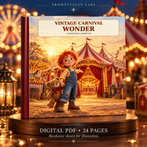 Vintage Carnival Wonder circus storybook for kids displayed as a large upright hardcover against glowing vintage carnival lights.
