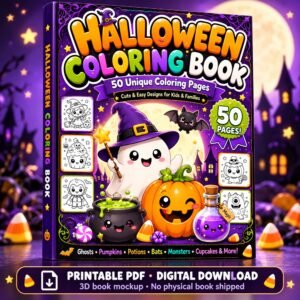 Halloween Coloring Book printable PDF cover with a cute ghost in a witch hat, a smiling pumpkin and a bat, 50 coloring pages.