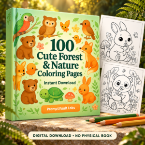 Printable animal coloring pages book cover with 100 cute forest and nature designs, plus bunny and panda sample sheets