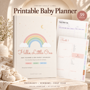 Printable baby planner shown as an upright 3D book with a pastel rainbow cover, daily baby log and monthly memory page.