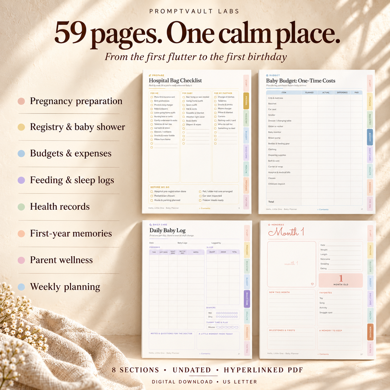 Printable baby planner overview with 59 pages, eight sections, and previews of checklists, budgets, daily logs and memory pages.