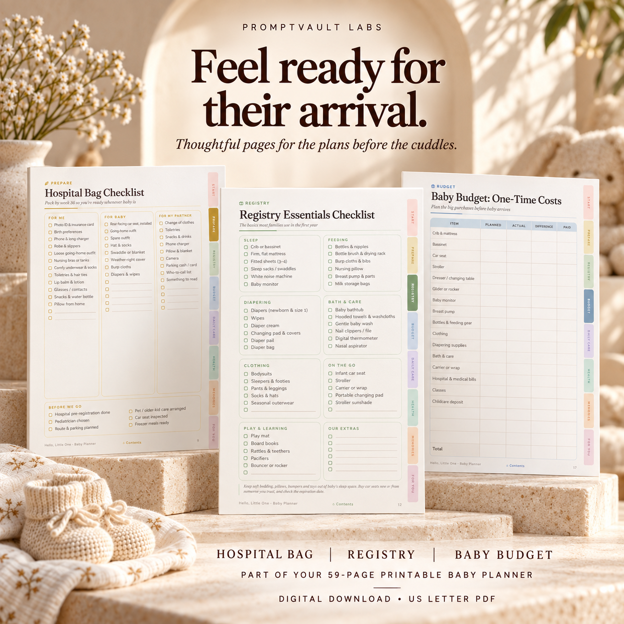 Printable baby planner pages featuring a hospital bag checklist, registry essentials checklist and baby budget on ivory stands.