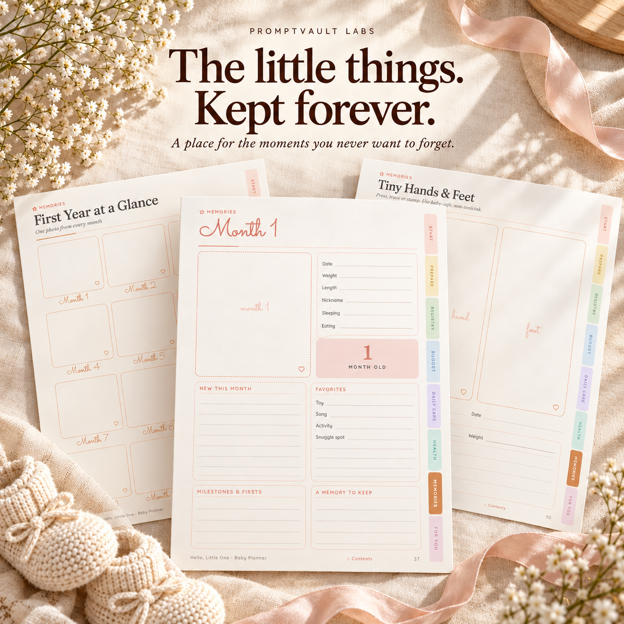 Printable baby planner keepsake pages with monthly milestones, first-year photo frames and spaces for handprints and footprints.