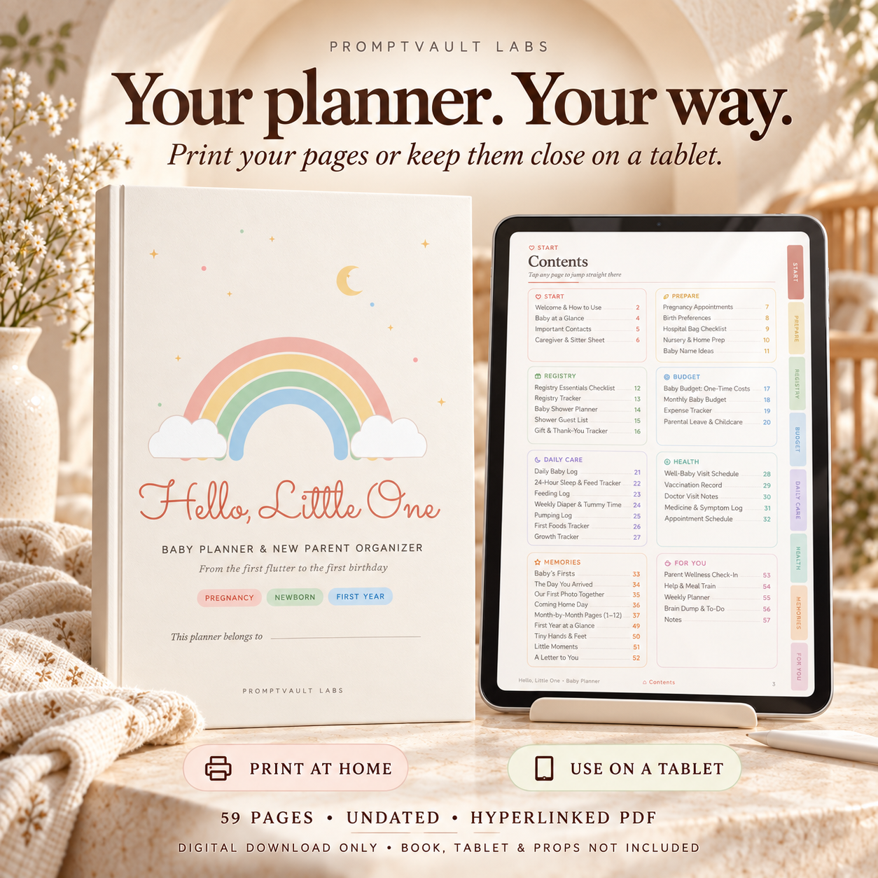 Printable baby planner displayed as a rainbow-cover book beside a tablet showing its hyperlinked contents and pastel section tabs.