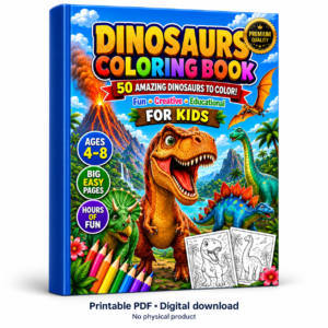 Printable dinosaur coloring book for kids ages 4-8 with 50 dinosaurs to color.