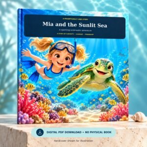 Ocean storybook for kids, Mia and the Sunlit Sea, shown as an upright hardcover mockup on a cream pedestal.