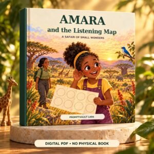 Amara and the Listening Map safari storybook for kids shown as an upright hardcover mockup on a warm ivory display pedestal.