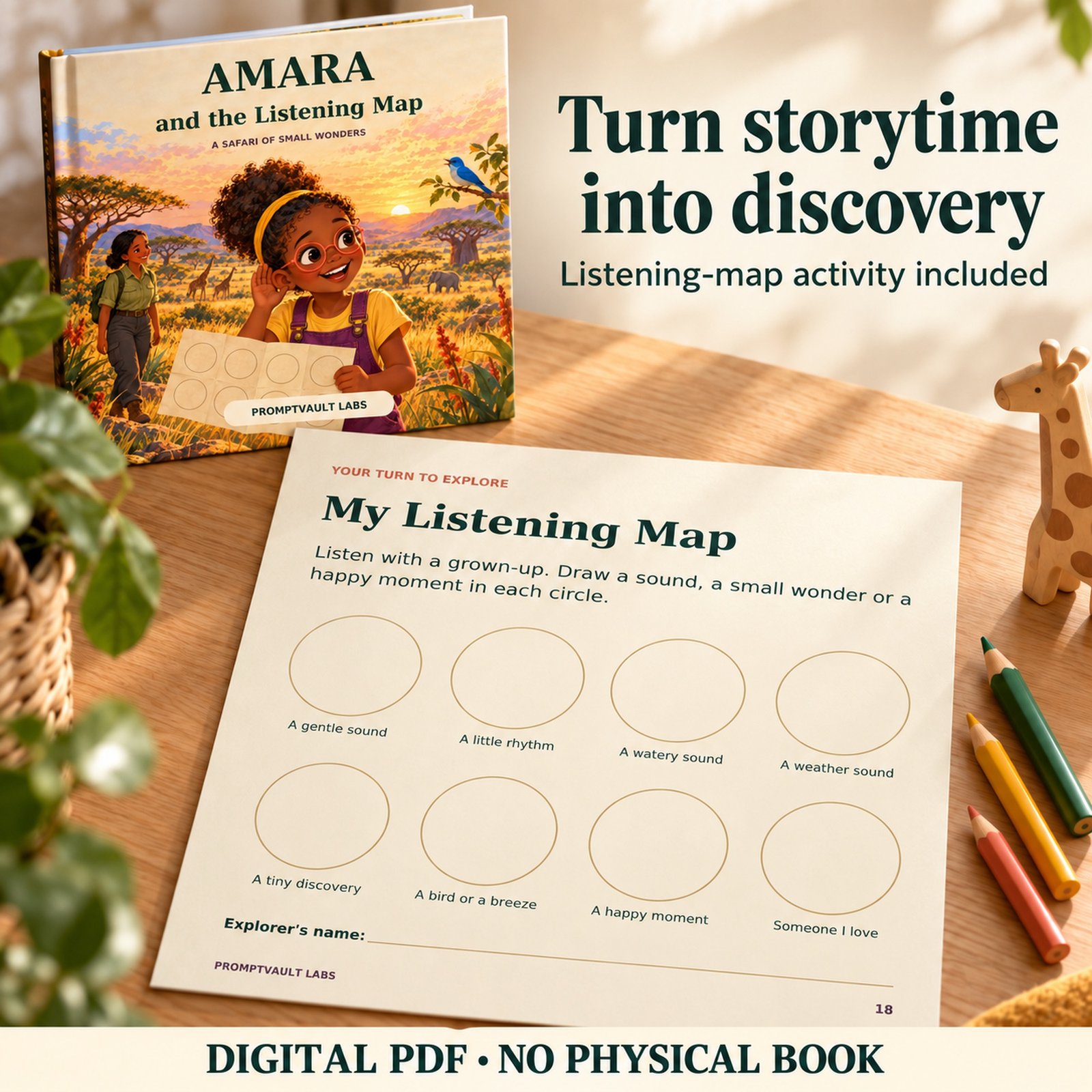Printable My Listening Map activity from the safari storybook for kids, with eight empty drawing circles and colored pencils beside it.