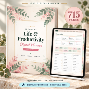 2027 Digital Planner botanical cover shown as a hardcover mockup beside an iPad, with a 715-page badge.