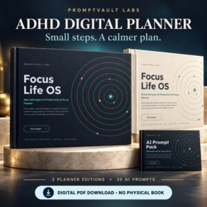 ADHD Digital Planner Focus Life OS bundle with dark and ivory hardcover mockups and the AI Prompt Pack on stone display stands.