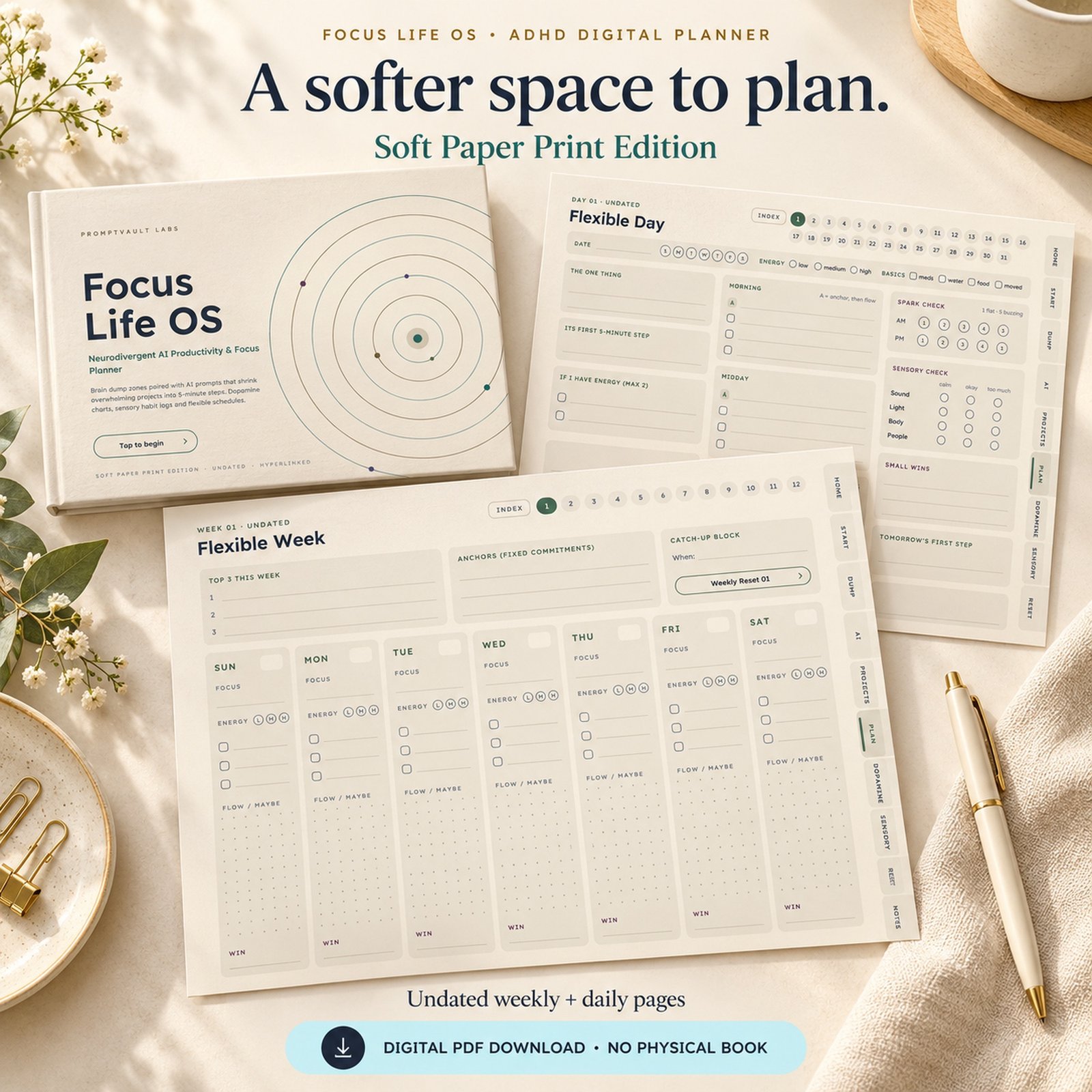 ADHD Digital Planner ivory cover beside printable Flexible Week and Flexible Day pages on a cream desk with a gold-accented pen.