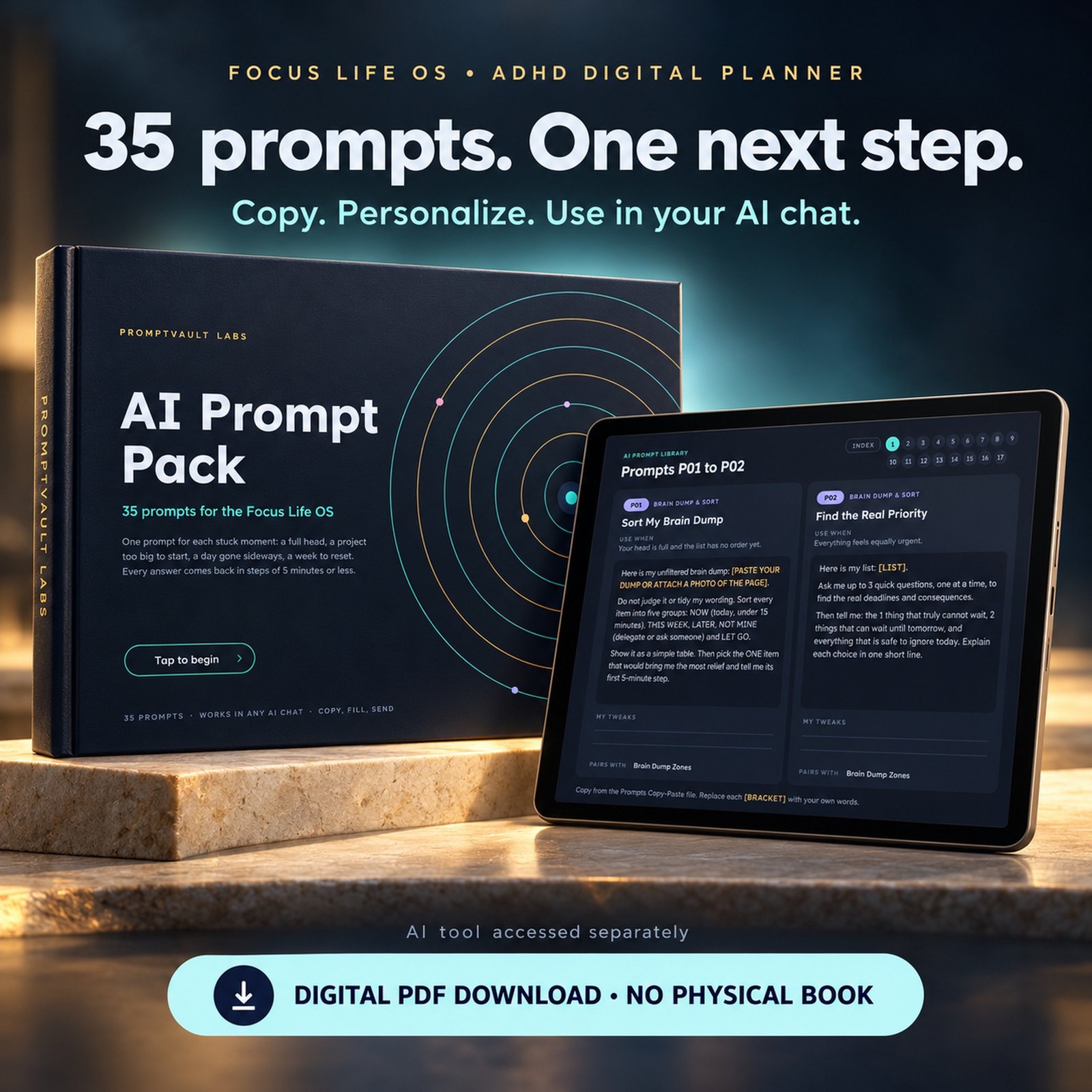ADHD Digital Planner companion AI Prompt Pack hardcover mockup beside a tablet showing brain dump and priority prompts.