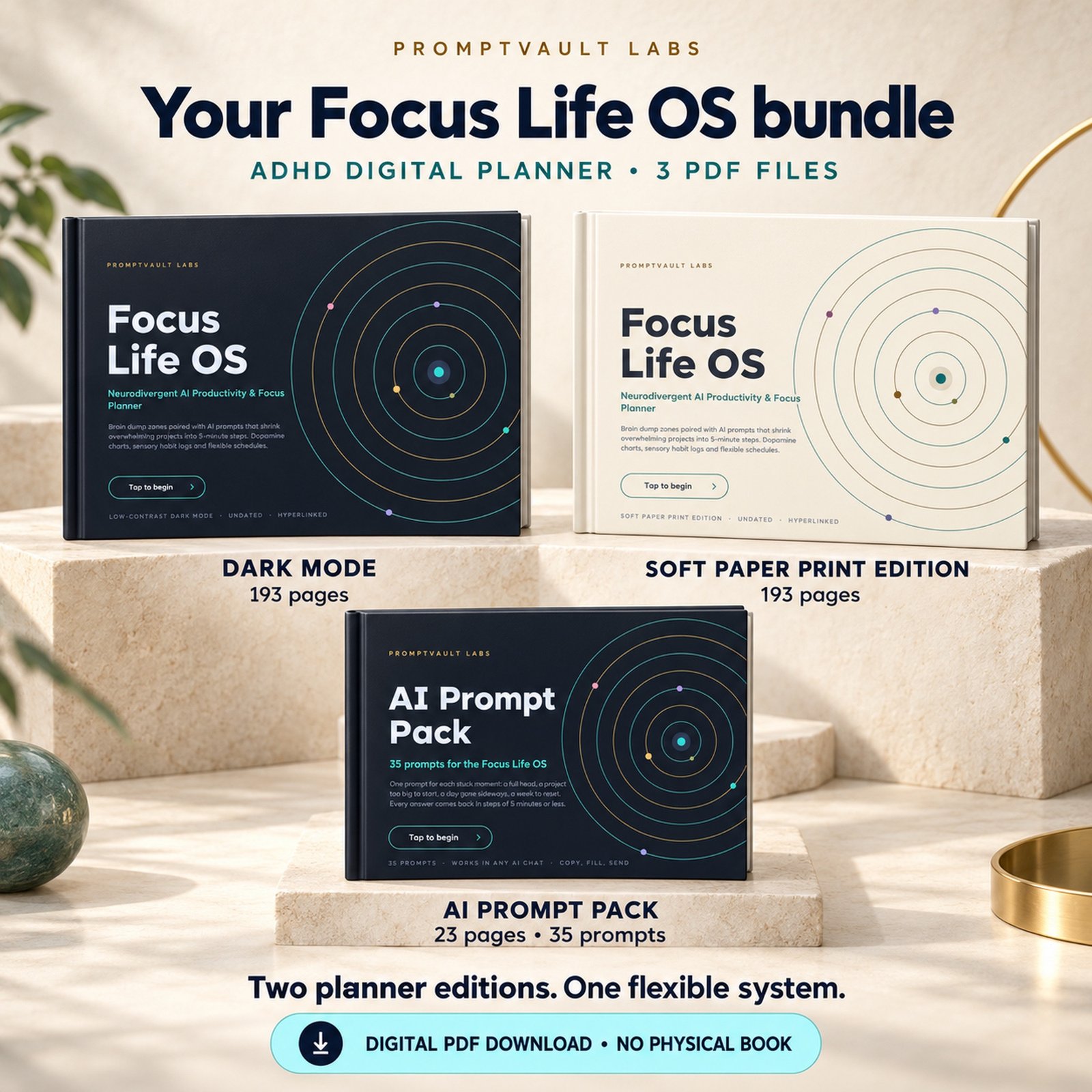 ADHD Digital Planner bundle overview showing Dark Mode, Soft Paper Print Edition and AI Prompt Pack with page counts.