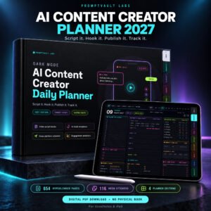 AI Content Creator Planner 2027 shown as an upright hardcover mockup beside an iPad displaying a dark mode daily page.
