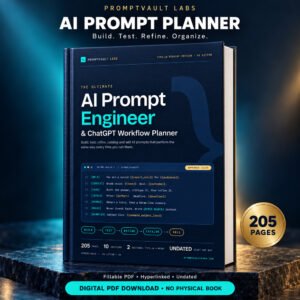 AI prompt planner shown as an upright navy hardcover with teal lettering, a 205-page badge and a digital PDF download label.