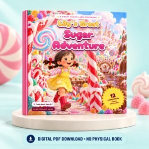 Lily’s Great Sugar Adventure candy storybook for kids shown as an upright hardcover mock-up with a digital PDF badge.