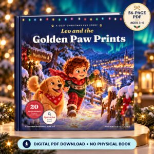 Christmas Picture Book for Kids, Leo and the Golden Paw Prints, shown as an upright hardcover mockup with a digital PDF badge.
