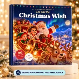 Christmas Storybook for Kids, Leo and the Christmas Wish, shown as an upright hardcover mockup with a digital PDF label.