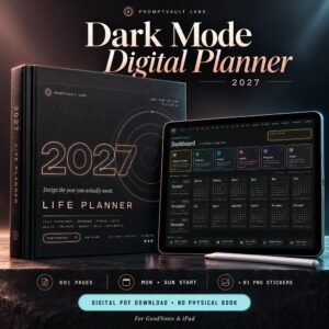 Dark Mode Digital Planner 2027 shown as a black hardcover mockup beside an iPad displaying the dashboard.