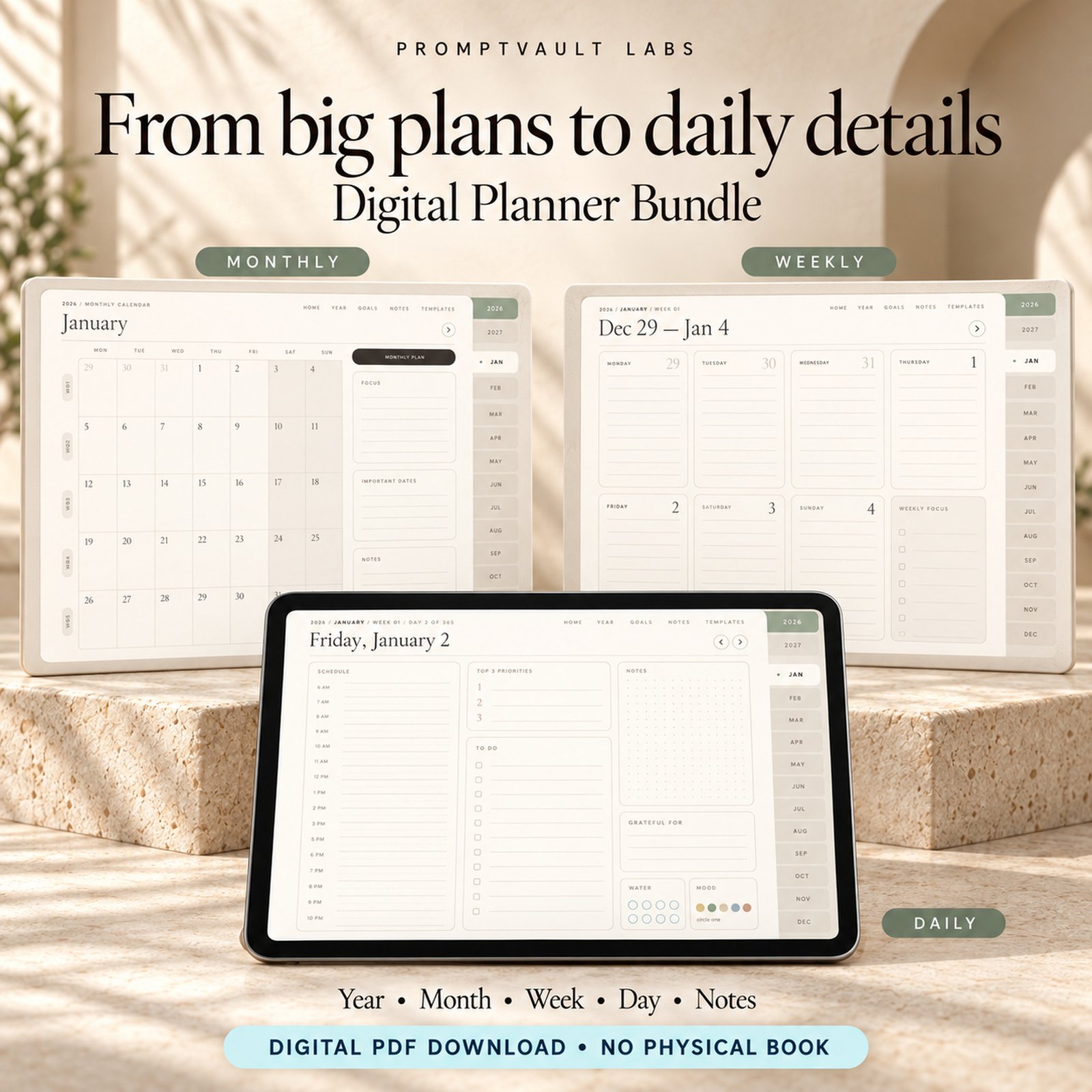 Digital Planner Bundle monthly and weekly page previews above an iPad displaying a minimalist daily planning layout.