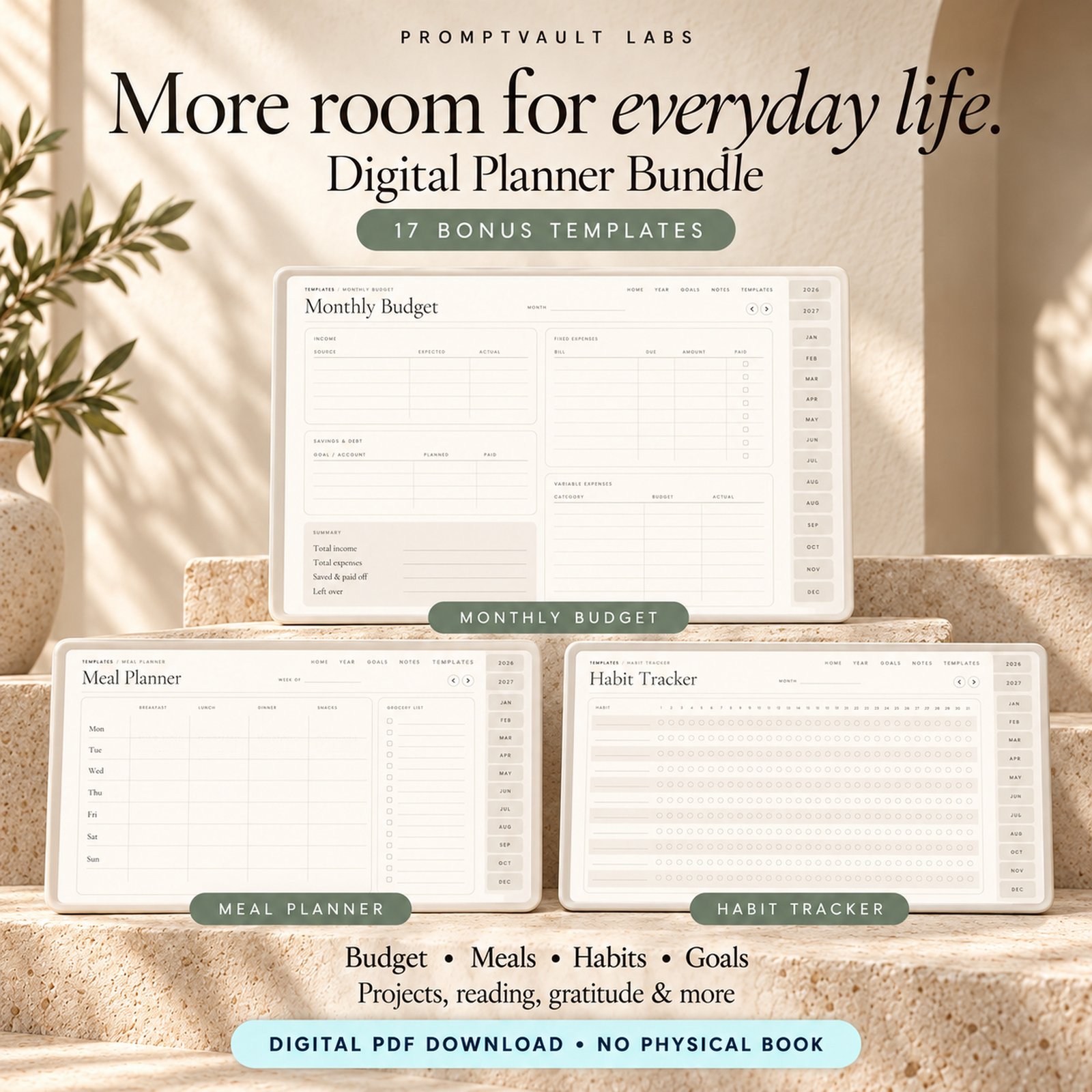 Digital Planner Bundle bonus template previews showing Monthly Budget, Meal Planner, and Habit Tracker pages.