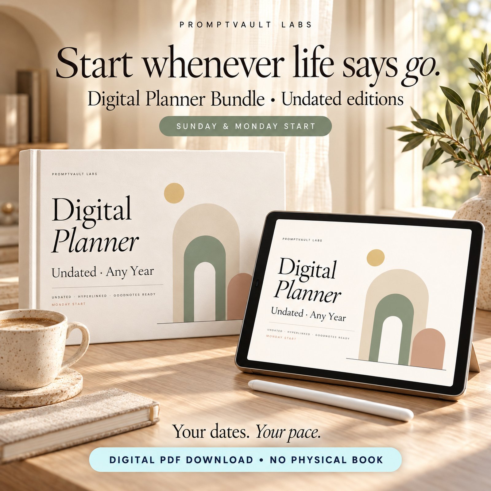 Digital Planner Bundle undated cover shown as a hardcover-style mockup and on an iPad in a sunlit desk setting.