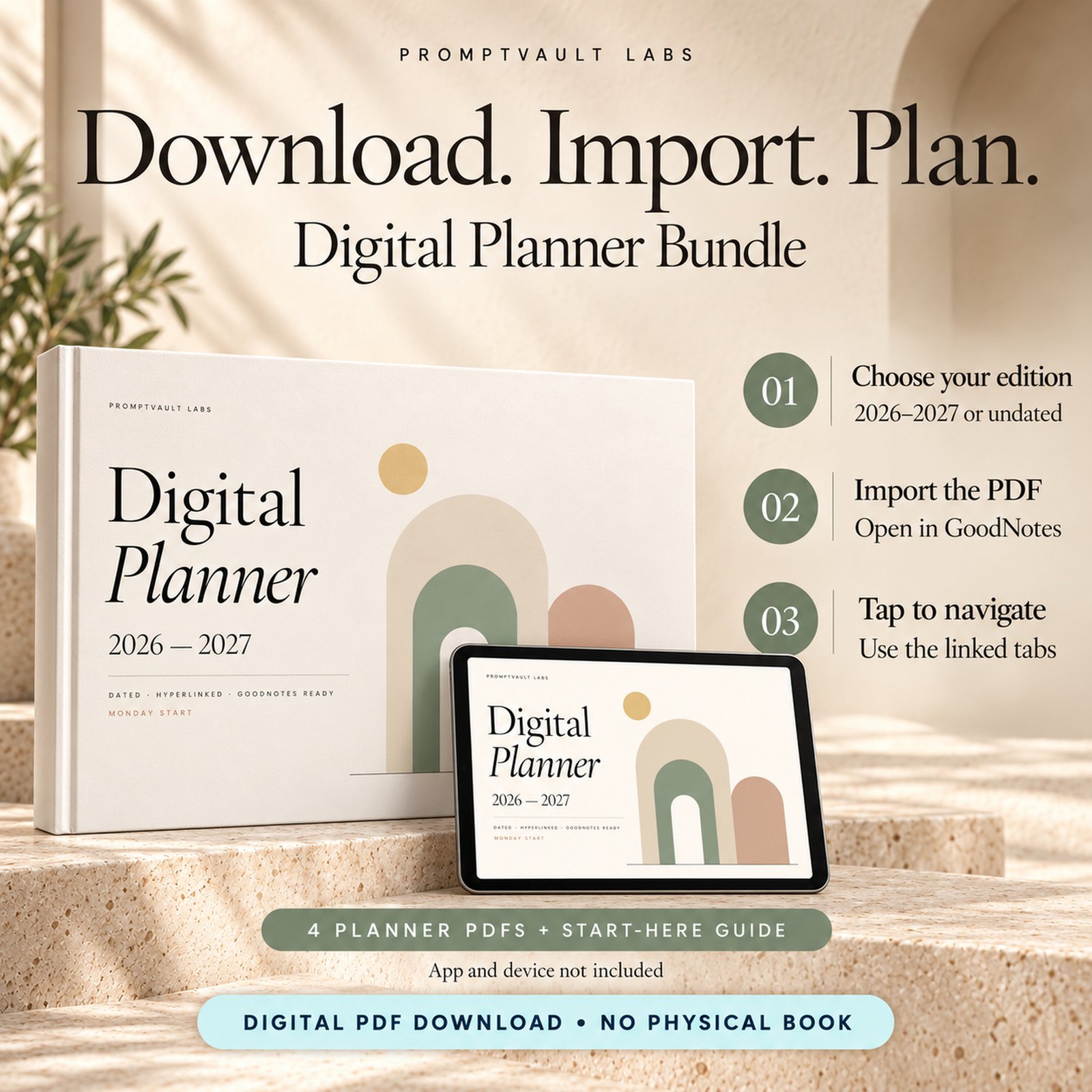 Digital Planner Bundle mockup with three setup steps: choose an edition, import the PDF in GoodNotes, and tap linked tabs.