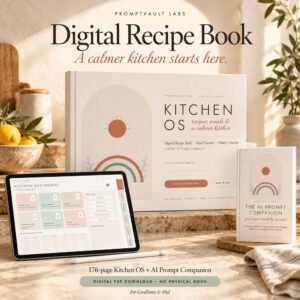 Digital Recipe Book Kitchen OS hardcover mockup with a tablet dashboard and AI Prompt Companion in a sunlit kitchen.